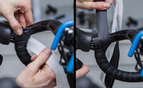 Der Mechaniker wickelt so nah wie möglich hinter dem Bremsschaltgriff weiter.