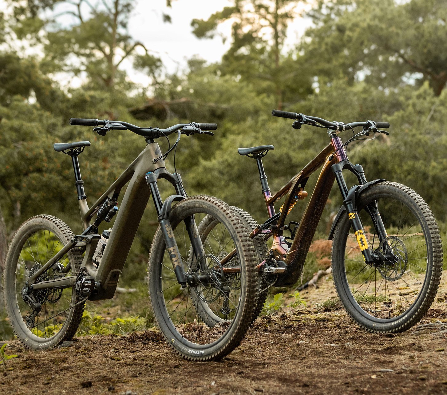 Zwei Specialized Turbo Levo E-Mountainbikes in Burnt Gold und irisiertem Finish nebeneinander im Wald – leistungsstarke Trailbikes mit edlem Look und Top-Ausstattung