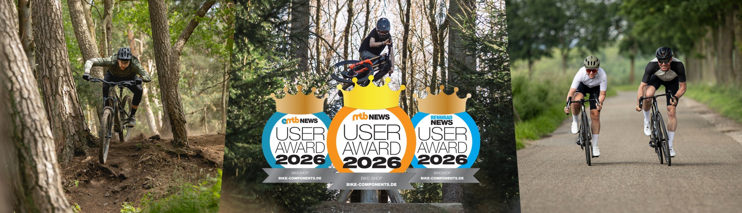 Collage de acción de MTB y ciclismo de carretera con tres sellos “USER AWARD 2026” de eMTBNews, mtb-news y Rennrad News para Bike-Components.de.