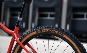 Pictured is the rear triangle of a Chromag MTB. The wheel is fitted with a Schwalbe tyre with Tanwall.