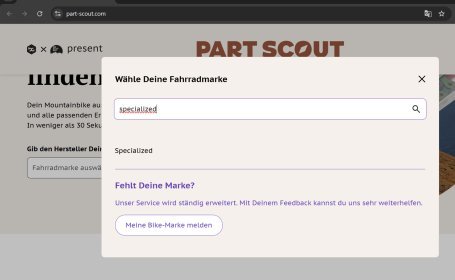 Suchfeld im Part Scout: Fahrradmarke wird eingegeben, um passende Ersatzteile zu finden