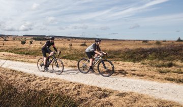 Ein Mann und eine Frau fahren mit ihren Gravelbikes durch eine Feldlandschaft.