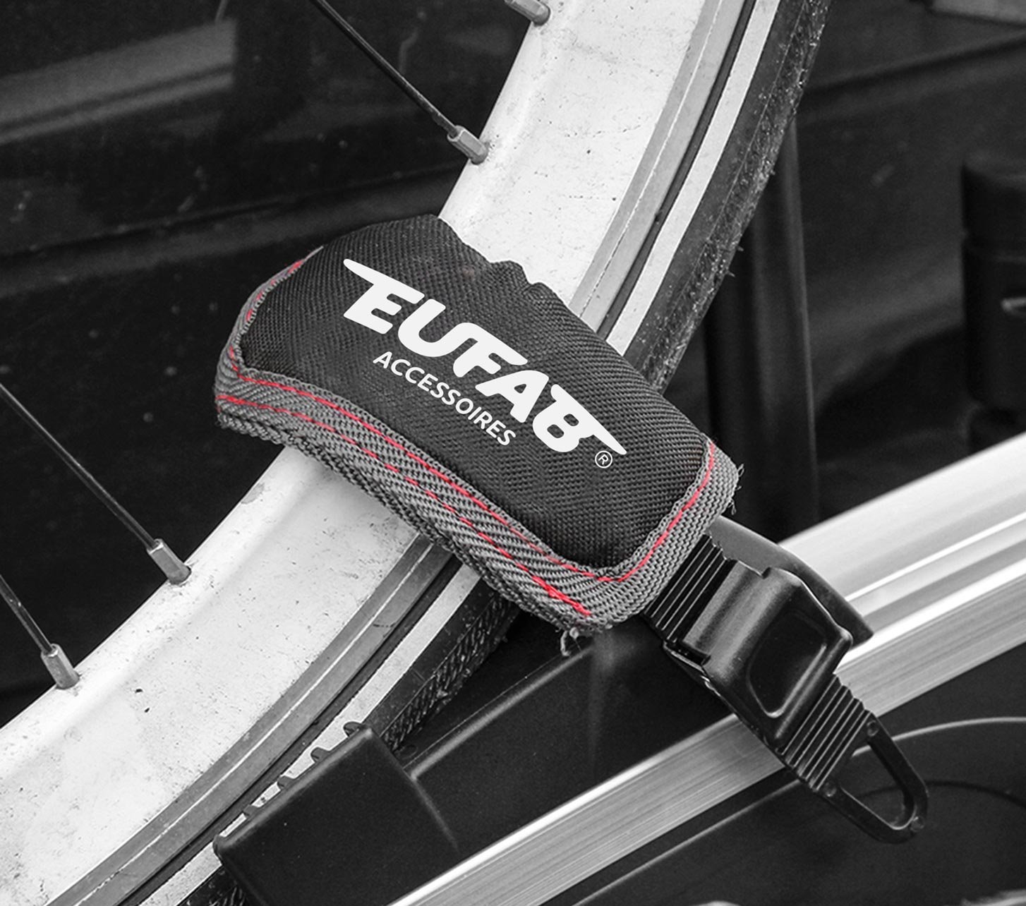 Eufab bike rack with padded wheel protection and secure fastening strap for bicycle transport
