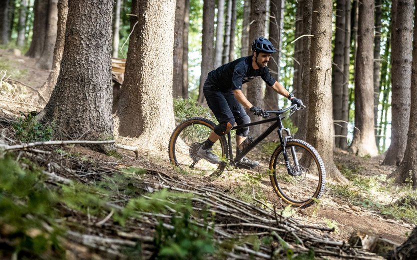 A mountain biker rides down a trail in a forest on a bc original Podsol.