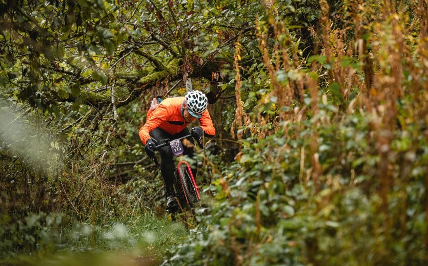 Fahrer manövriert durch den Wald