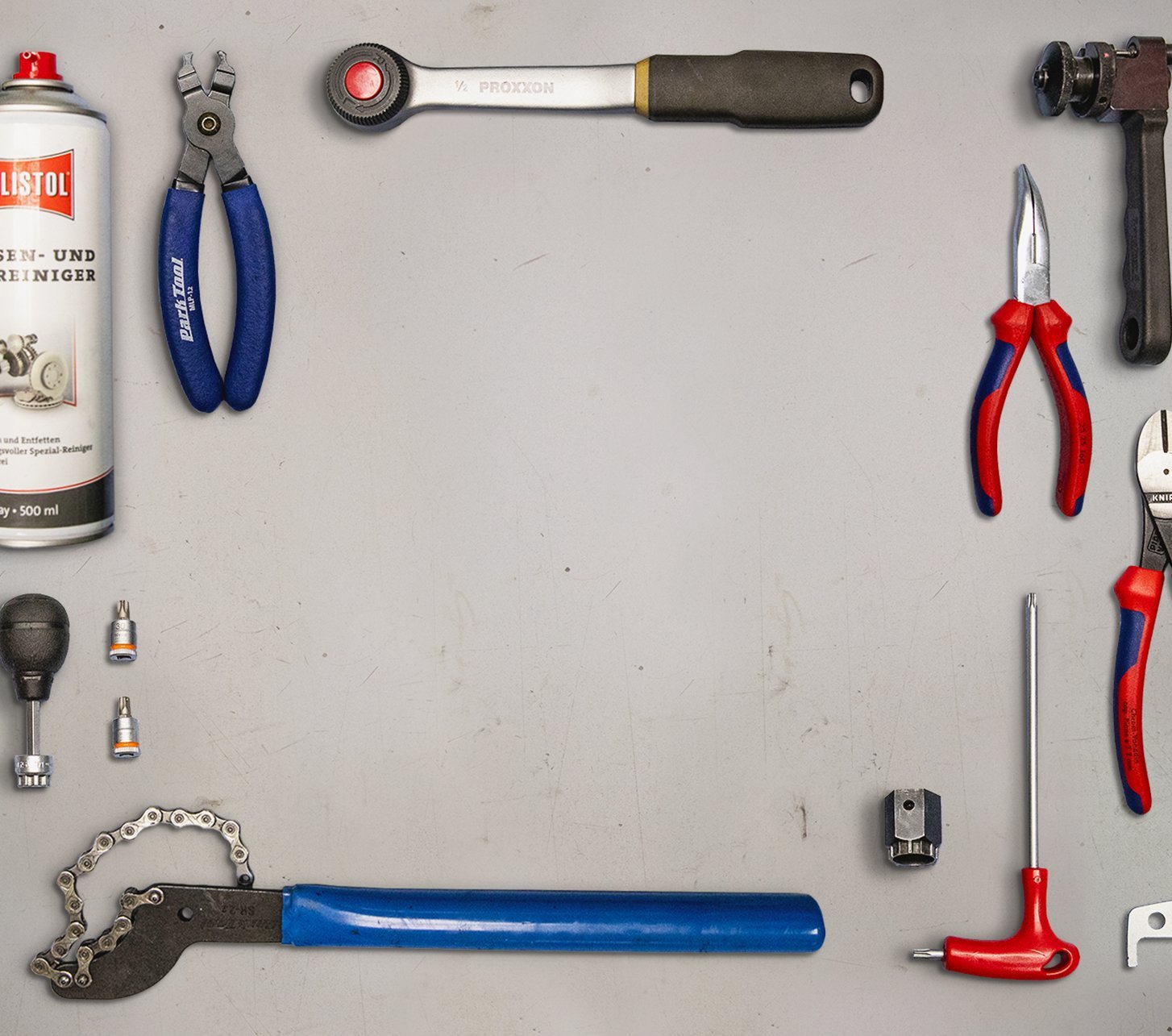 Illustration of hexagon socket, pliers, screwdriver, angle wrench, socket wrench, ratchet