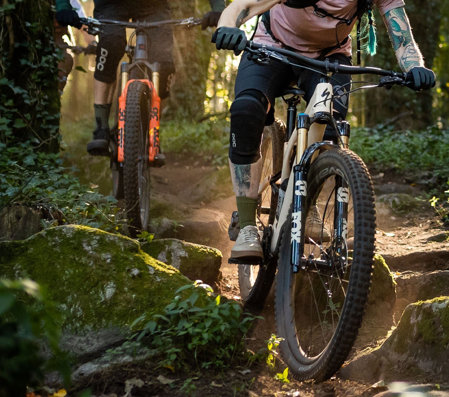 Mountainbiker mit 29" Federgabeln im Wald 