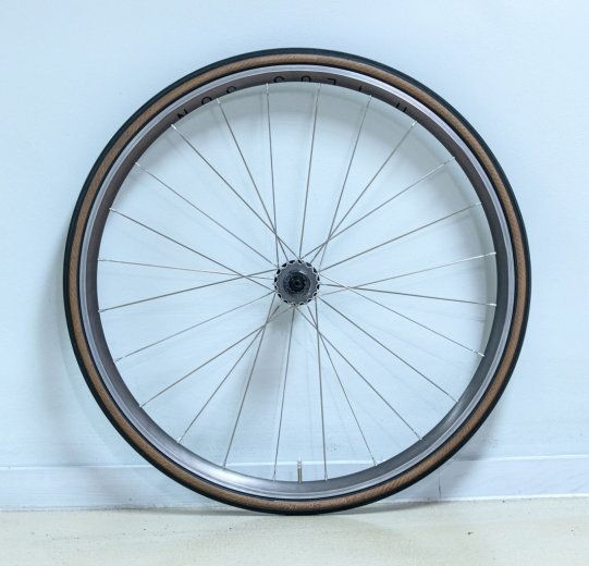 Wheel with double-crossed spoke lacing.