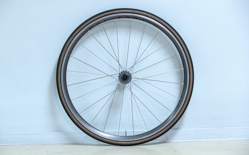 Wheel with double-crossed spoke lacing.