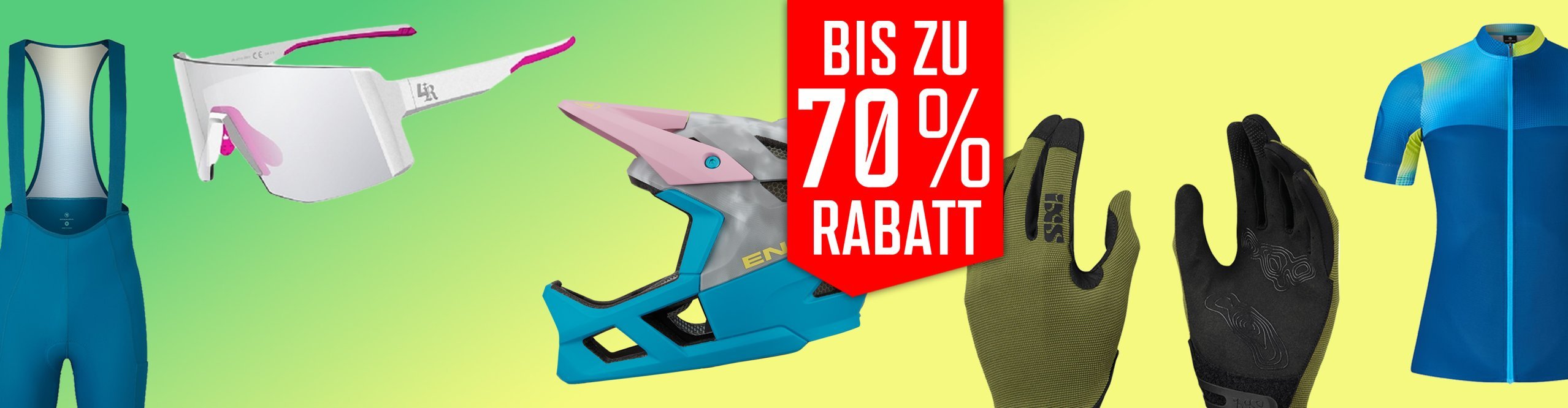 Sommer-Schlussverkauf bei bike-components mit Fokus auf Fahrradbekleidung. Große Rabattaktion mit bis zu 70 % Preisnachlass auf ausgewählte Bekleidung, Helme, Handschuhe und weiteres Zubehör.
