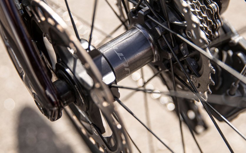 Shown is the rear hub of the Shimano Ultegra C36 wheelset.