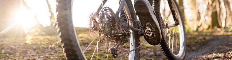 Action photo: A mountain bike rides past the camera. In the shot, we only see the wheels with chunky lug tires backlit by the sun. The focus is on the rider's foot and the OneUp Clip Pedal.