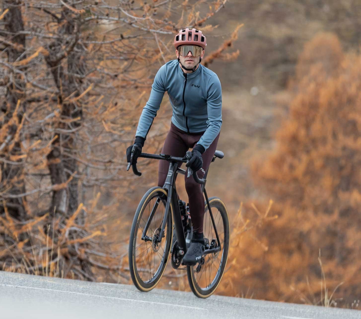 Rennradfahrer in Northwave Herbst und Winter Fahrradbekleidung fährt eine Bergstraße durch eine herbstliche Landschaft hinauf.