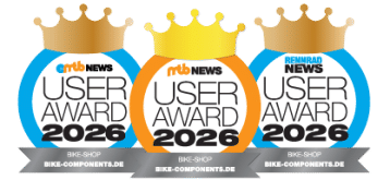 Tres insignias User Award 2026 de eMTBNews, mtb-news y Rennrad News – premio para Bike-Components.de.