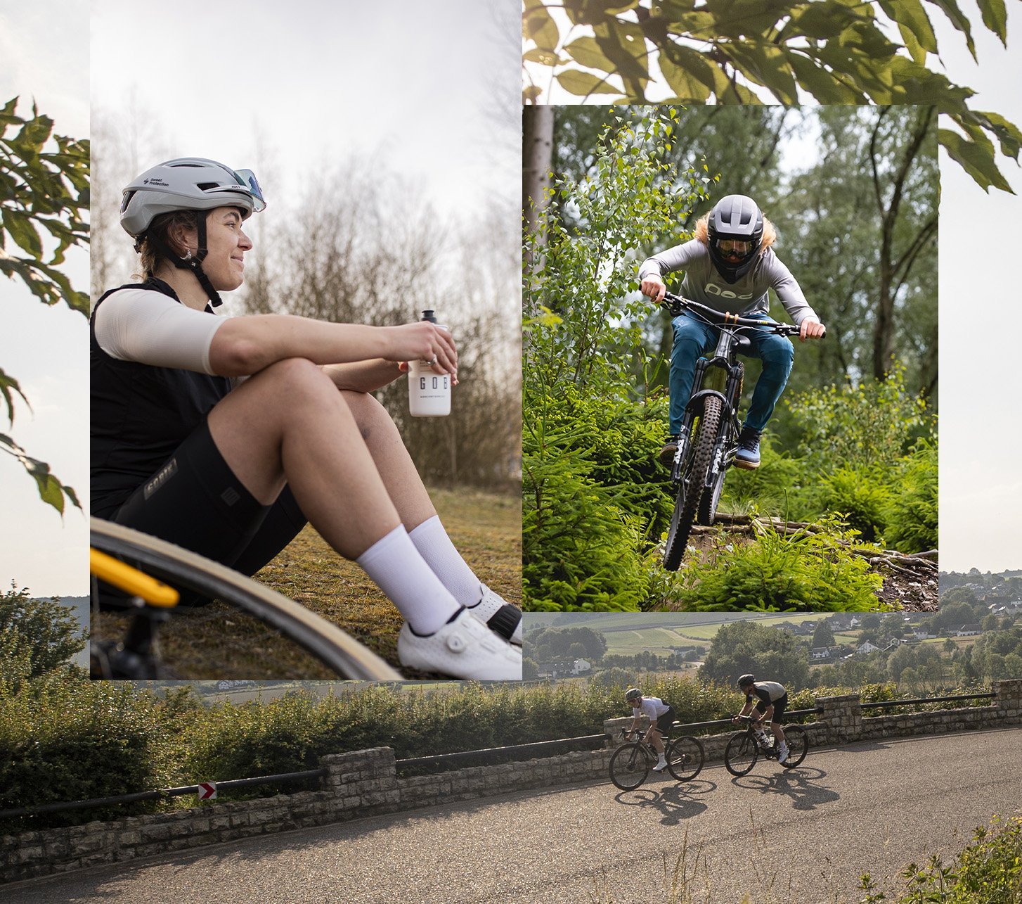 Collage aus Rennradfahrern auf sonniger Straße, Mountainbiker im Trail und pausierender Gravel-Bikerin – Fahrradszenen passend zur Frühjahr/Sommer Fahrradbekleidung für Rennrad, Gravel und Mountainbike.
