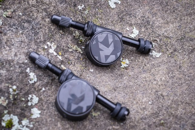 Zwei SKS Airspy Tubeless-Ventile mit integriertem Luftdruckprüfer liegen auf einem flechtenbewachsenen Naturstein.