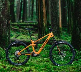 A bright yellow Transition Regulator E-MTB stands in the forest. Side view from the right
