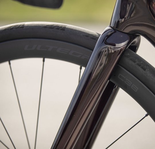 Pictured is the front wheel on a Specialized Tarmac.
