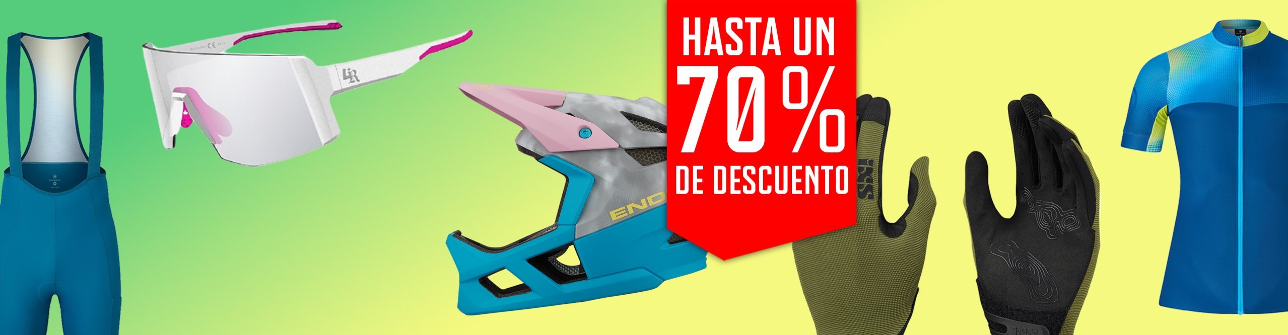 Rebajas de verano de bike-components con descuentos de hasta el 70 % en ropa de ciclismo, cascos, guantes y accesorios seleccionados.