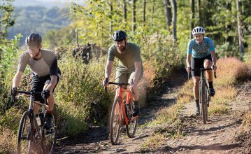 Markus, Björn und Anne aus dem bc Team fahren auf Gravelbikes über einen Waldweg. 