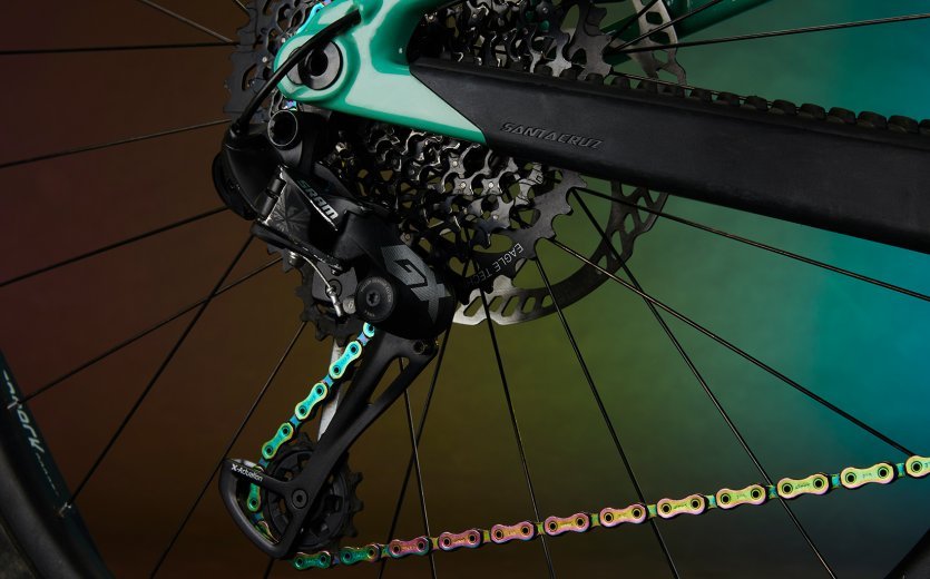 A Santa Cruz Megatower is equipped with a SRAM GX rear derailleur.