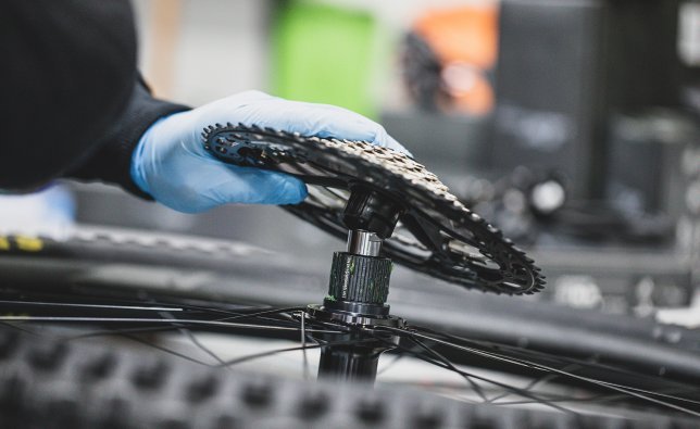 A cassette is mounted on the matching freehub of a mountain bike rear wheel.