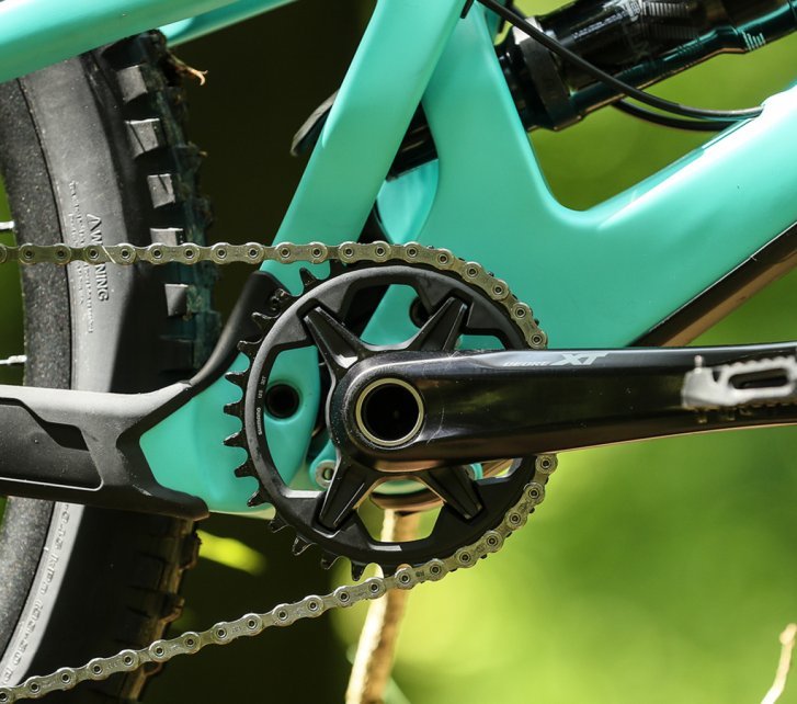 Pictured here is a crank with a single chainring installed on a Santa Cruz MTB.