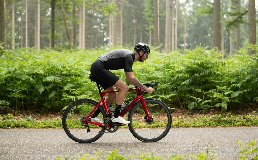Ein Rennradfahrer fährt auf einer Straße durch den Wald. Er fährt ein Factor One.