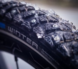 Detailfoto: Ein Schwalbe Marathon Winter Plus Reifenprofil mit sichtbaren Stahlspikes