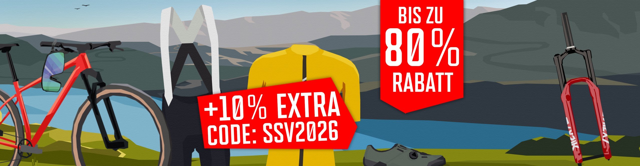 Illustrierter Sale-Banner mit Fahrrad, Radhose, Trikot, Schuh und Federgabel vor Bergkulisse: bis zu 80 % Rabatt und zusätzlich 10 % mit Code SSV2026.