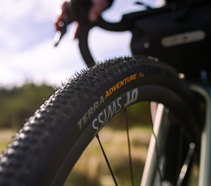 Close Up auf das Vorderrad eines Gravelbikes. Scharf im Vordergrund sehen wir Aufschrift und das grobe Profil an einem Continental Terra Adventure Reifenund den DT- Swiss Schriftzug