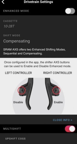 SRAM AXS App Setup Ansicht zu den Schaltmodi