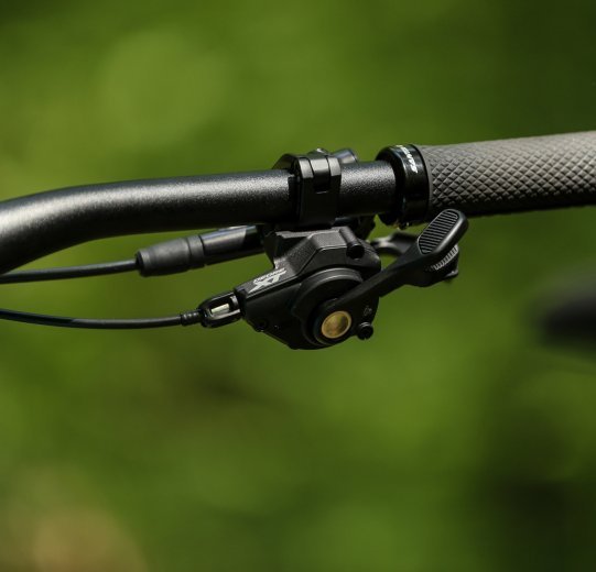 An einem Mountainbike-Lenker ist ein Shimano Deore XT Schaltgriff montiert, der mit Hilfe eines Bowdenzugs arbeitet.