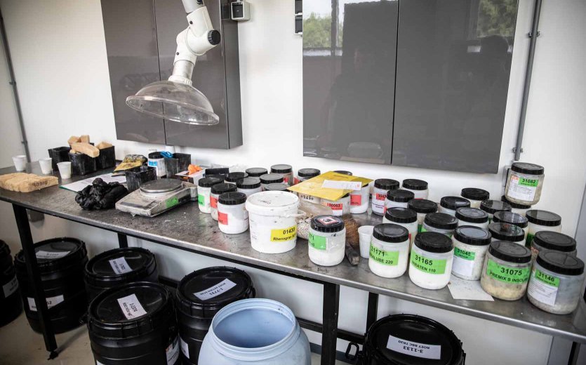 The mixing area in the test laboratory: every gram is accounted for