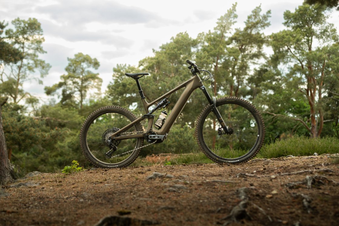 Ein grün-bronzefarbenes Specialized Turbo Levo 4 in der Seitenansicht auf einer Waldlichtung. Wir sehen die Antriebsseite.