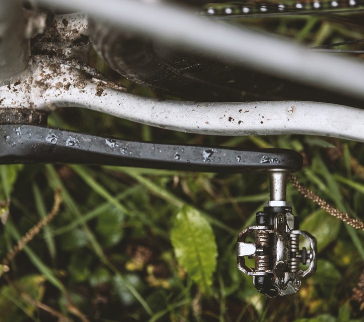 Top view of a crank arm of a gravel bike. 