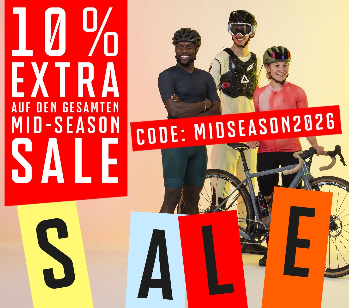 Spare jetzt im Mid Season Sale auf ausgewählte Bike-, MTB- und Gravel-Highlights für Frühjahr & Sommer.