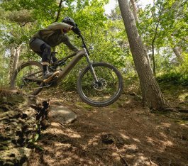 Ein Mann fetzt auf einem E-MTB durch den Wald.Weitwinklige Nahaufnahme von unten, das Gesicht ist durch den rechten Arm verdeckt