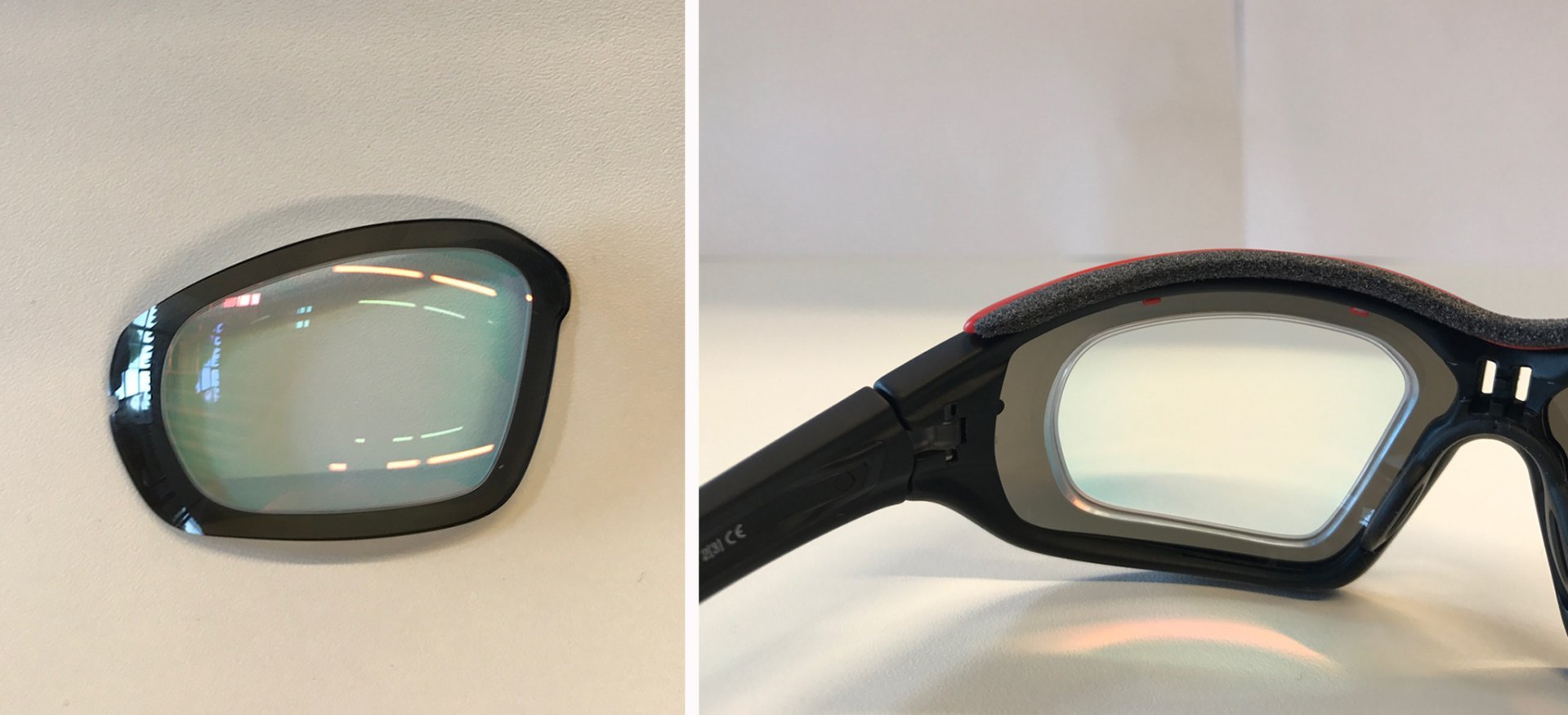 links: Einsatz und das geschliffene Glas; rechts: Einsatz und Glas in der Brille