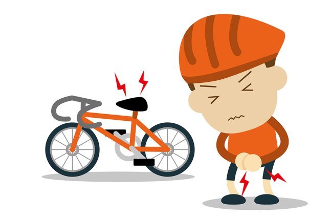 Ilustración de un ciclista con dolor de asiento; detrás, bicicleta con relámpagos en el sillín.