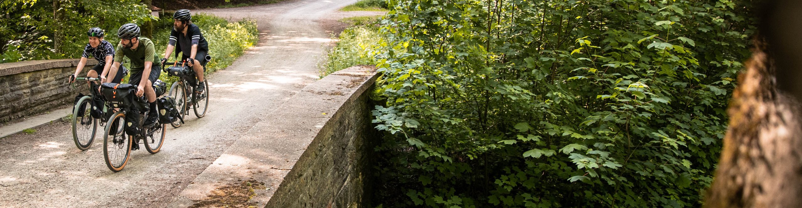 Ortlieb - 3 Bikepacker auf Brücke im Wald