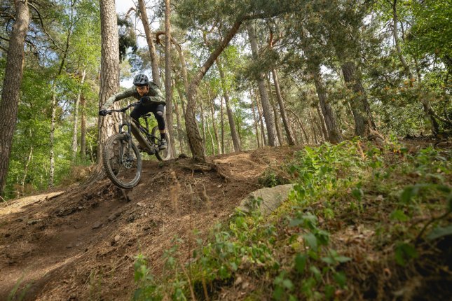 Berno heizt mit einem bronze-grünen E-MTB einen Trail im Wald hinunter