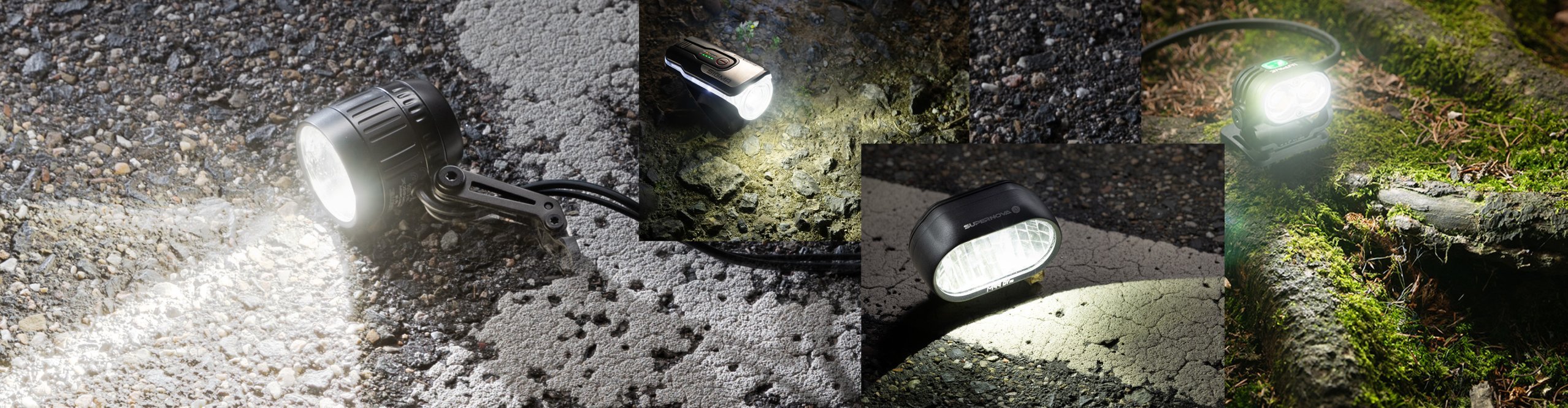 Eine Collage verschiedener Fahrradlampen für das Beleuchtungskampagnenmotiv
