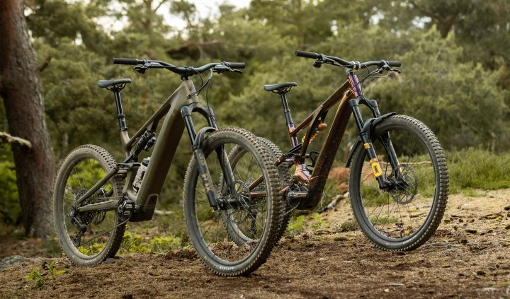 Ein Specialized Turbo Levo 4 E-MTB steht neben seinem Vorgängermodell, dem Turbo Levo 3 auf einer Lichtung in einem europäischen Mischwald. Die Perspektive der Räder ist von seitlich vorn rechts.