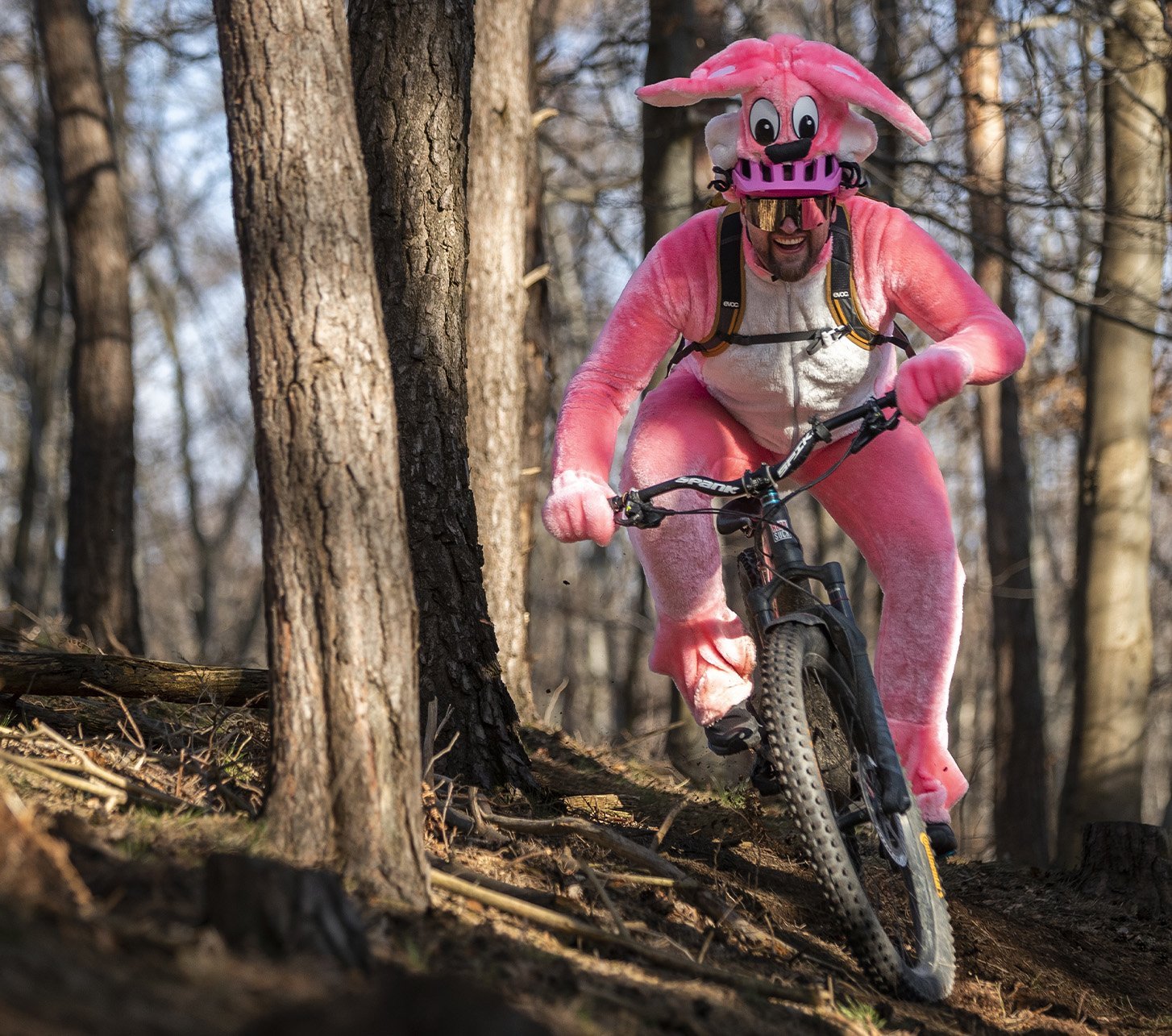 Osterhase Phil von bike-components fährt mit dem MTB durch den Wald