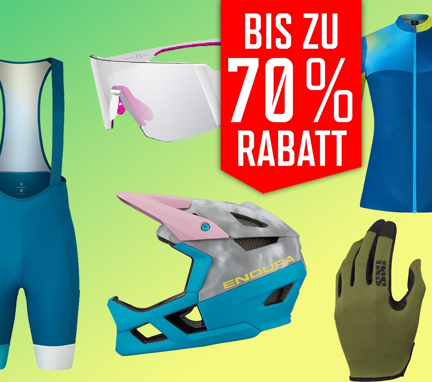 Sommer-Schlussverkauf bei bike-components mit Fokus auf Fahrradbekleidung. Große Rabattaktion mit bis zu 70 % Preisnachlass auf ausgewählte Bekleidung, Helme, Handschuhe und weiteres Zubehör.