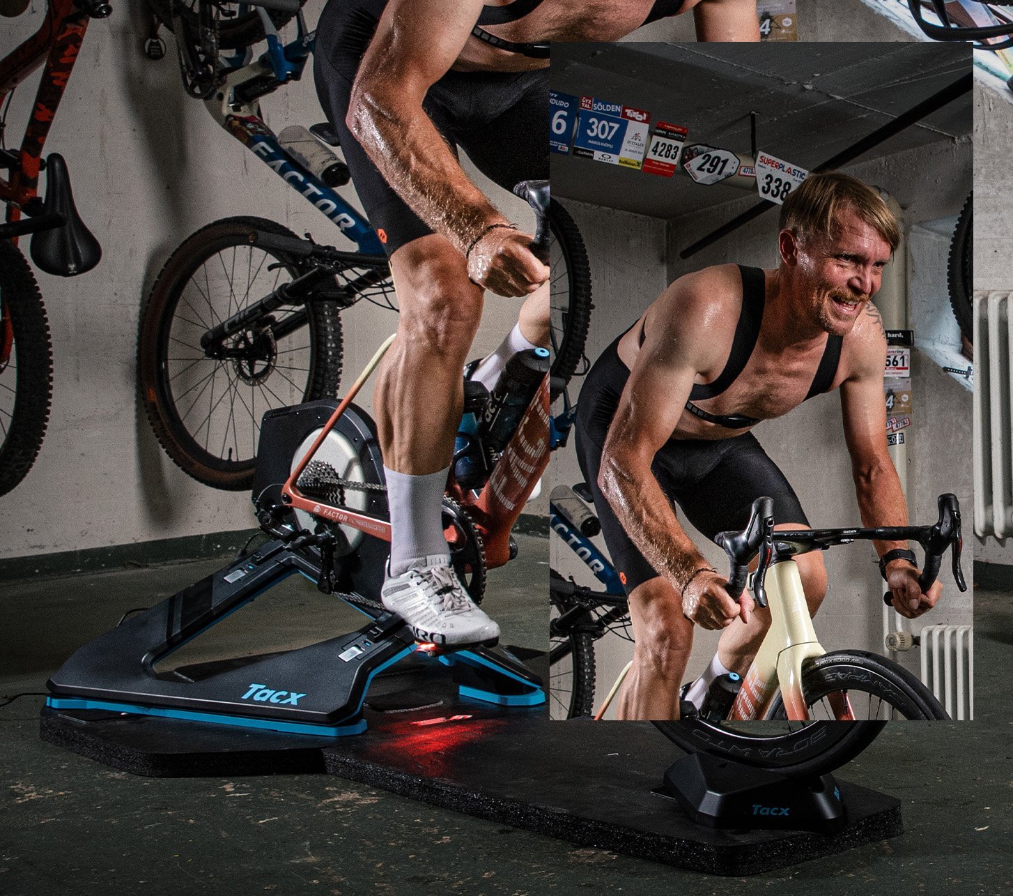 Radfahrer trainiert Indoor auf einer Tacx-Rolle mit Factor Rennrad im Keller – Schweiß, Power und realistisches Indoor-Training für Radsportler