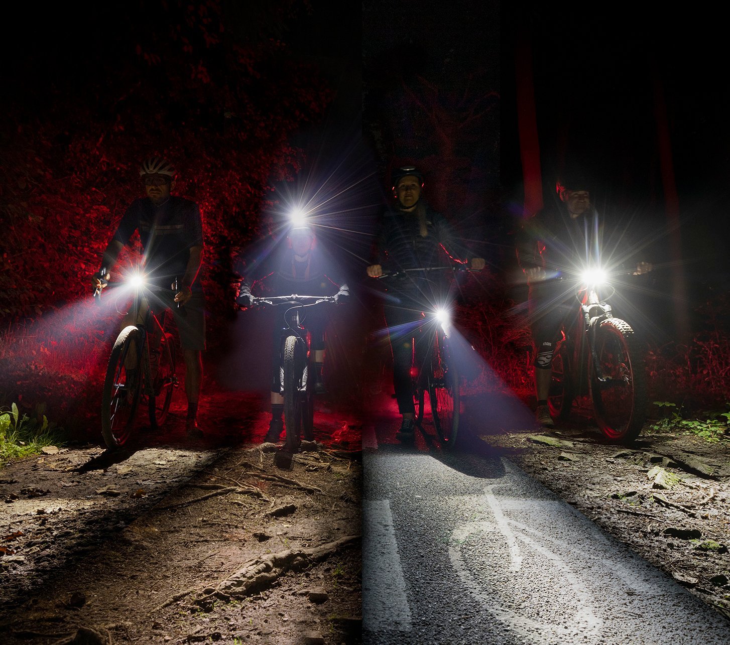 mehrere Radfahrer mit leuchtenden Frontlichter und Helmlampe