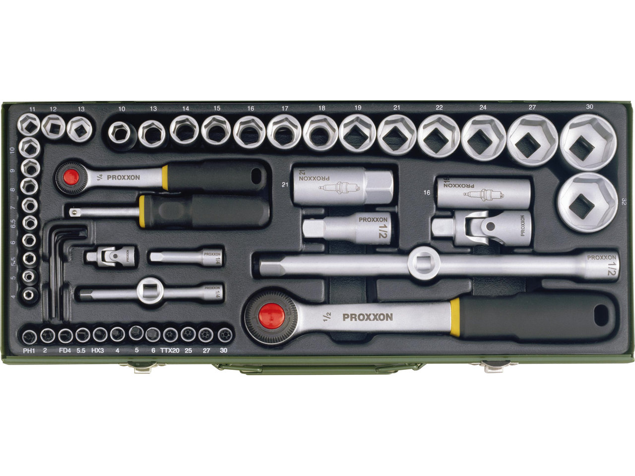 Proxxon 1/4" + 1/2" Steckschlüssel-/Ratschenset 56-teilig