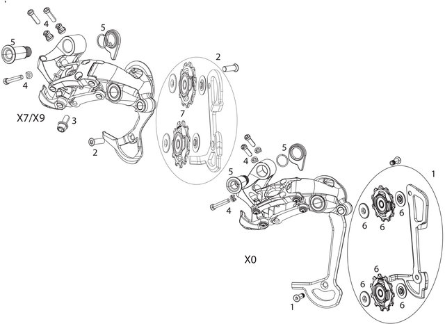 SRAM X0 / X9 / X7 Type 2/2.1 2x10 Rear Derailleur Spare Parts - 1/black, X0 long